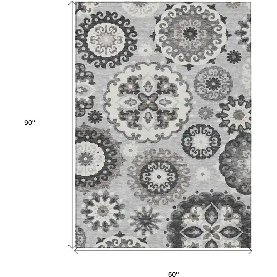 Silver Gray And Ivory Floral Medallion Washable Indoor Outdoor Area Rug Photo 3