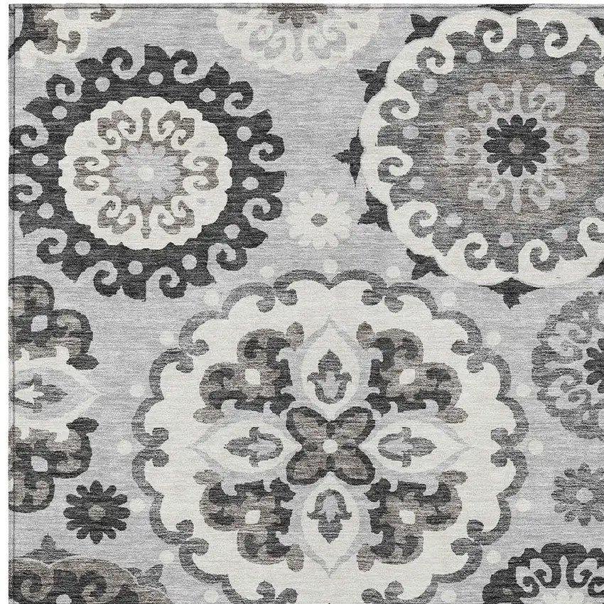 Silver Gray And Ivory Floral Medallion Washable Indoor Outdoor Area Rug Photo 4