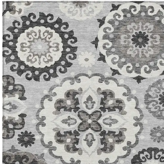 Silver Gray And Ivory Floral Medallion Washable Indoor Outdoor Area Rug Photo 4