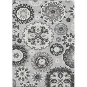 Photo of Silver Gray And Ivory Floral Medallion Washable Indoor Outdoor Area Rug