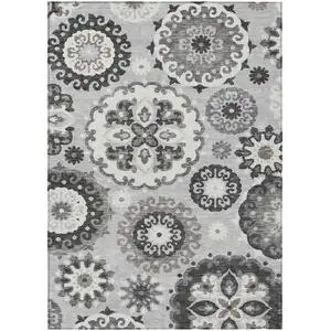 Photo of Silver Gray And Ivory Floral Medallion Washable Indoor Outdoor Area Rug