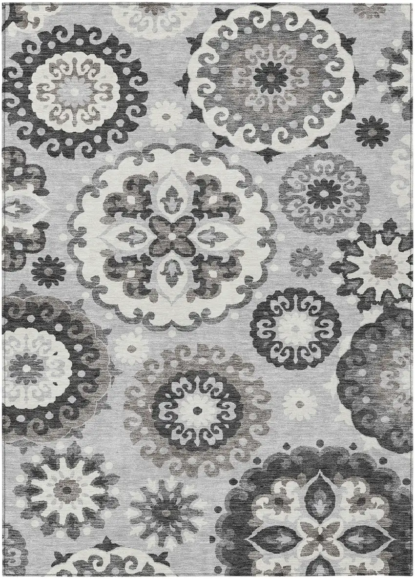 Silver Gray And Ivory Floral Medallion Washable Indoor Outdoor Area Rug Photo 1