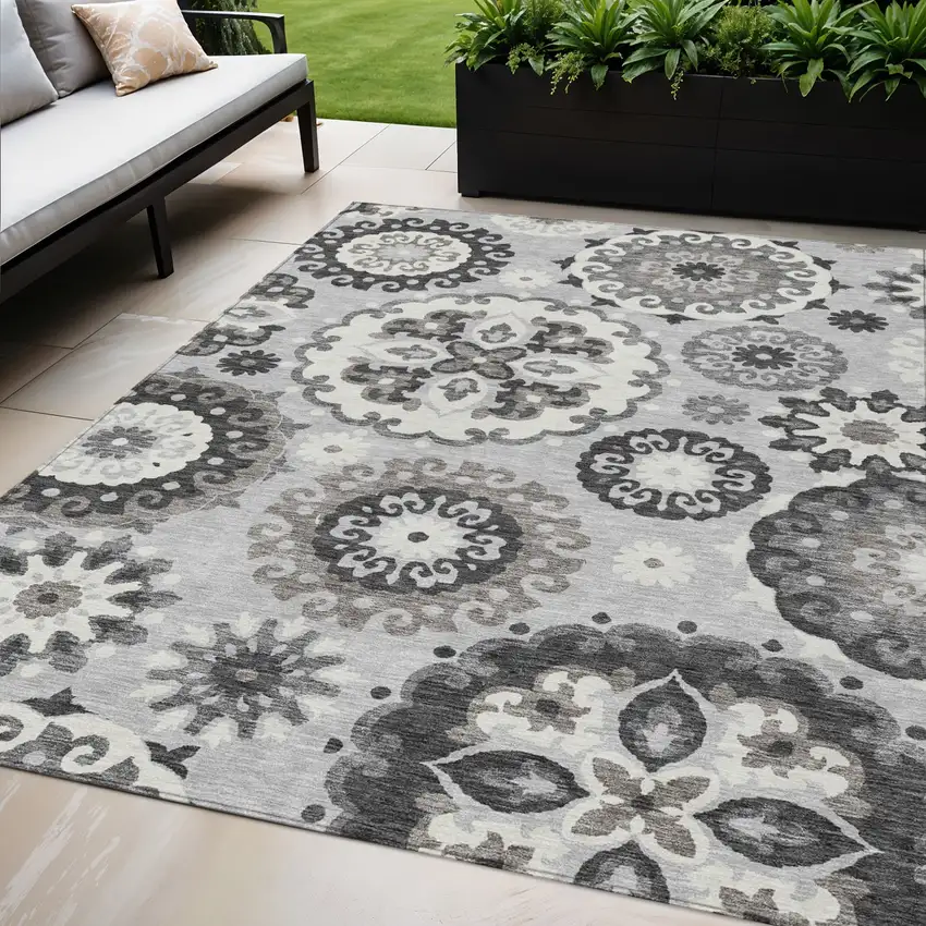 Silver Gray And Ivory Floral Medallion Washable Indoor Outdoor Area Rug Photo 1