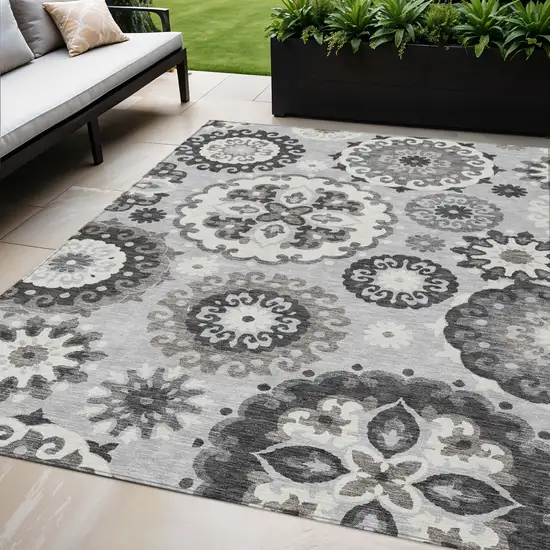 Silver Gray And Ivory Floral Medallion Washable Indoor Outdoor Area Rug Photo 1