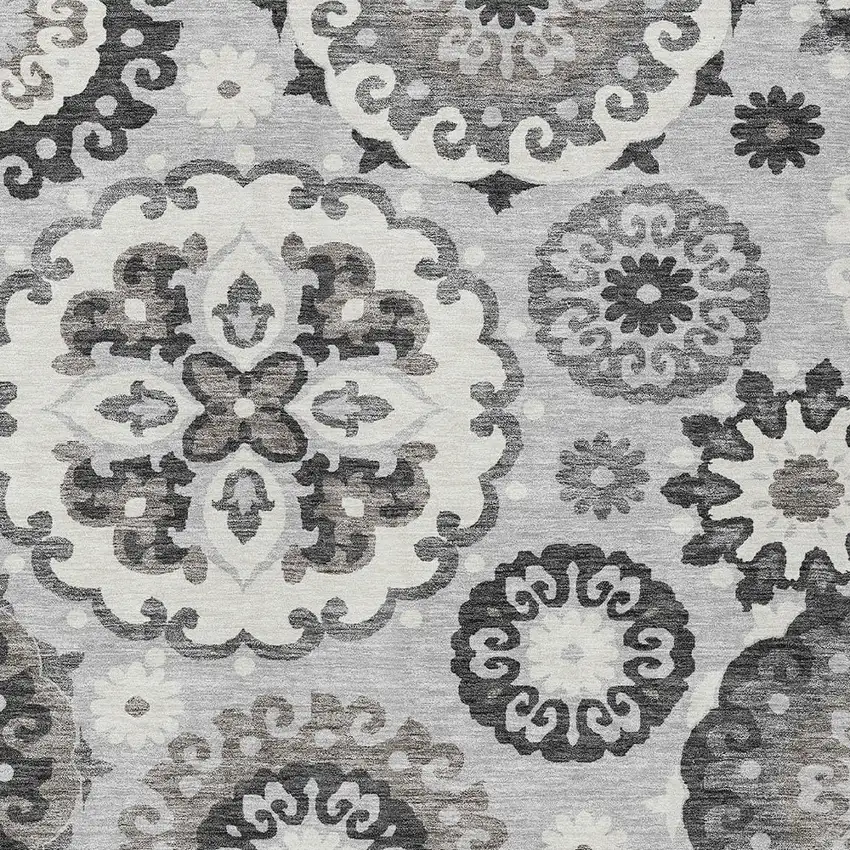 Silver Gray And Ivory Floral Medallion Washable Indoor Outdoor Area Rug Photo 4