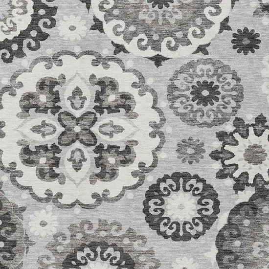 Silver Gray And Ivory Floral Medallion Washable Indoor Outdoor Area Rug Photo 4