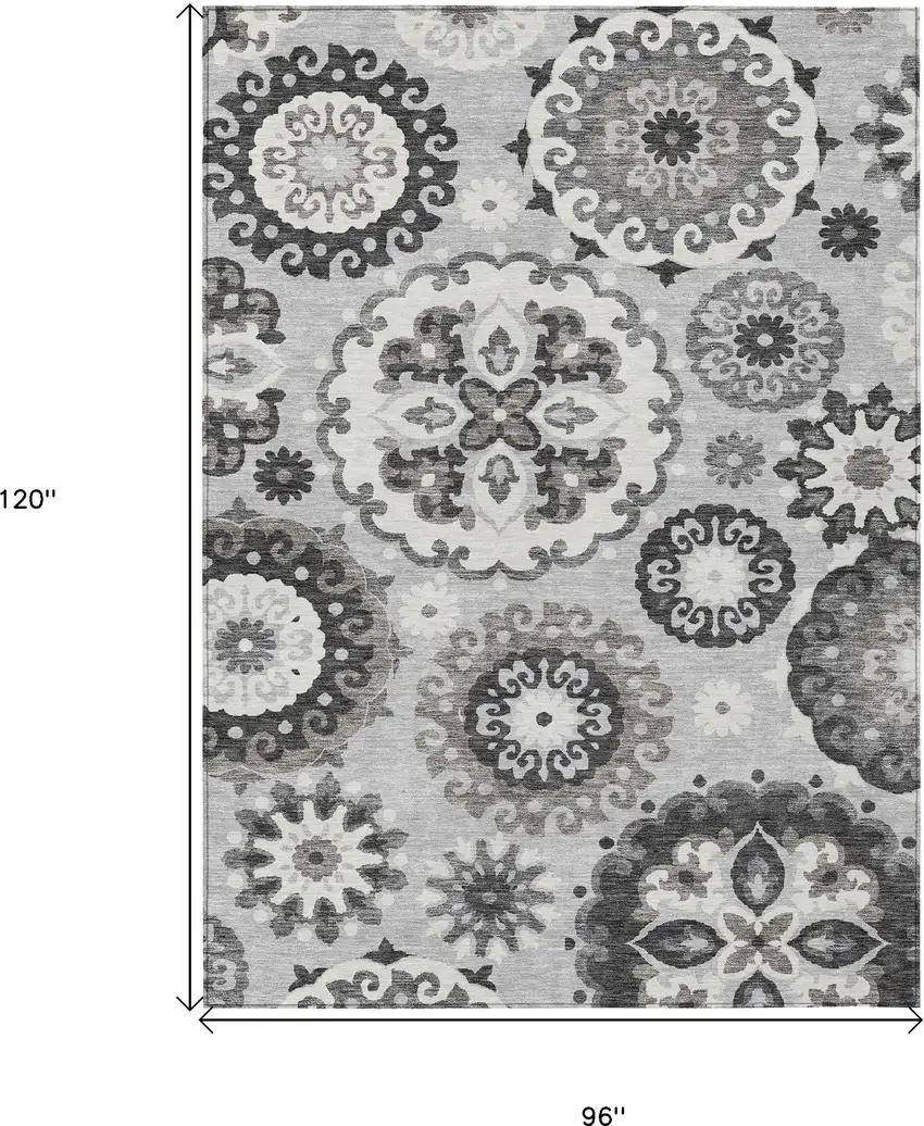 Silver Gray And Ivory Floral Medallion Washable Indoor Outdoor Area Rug Photo 3