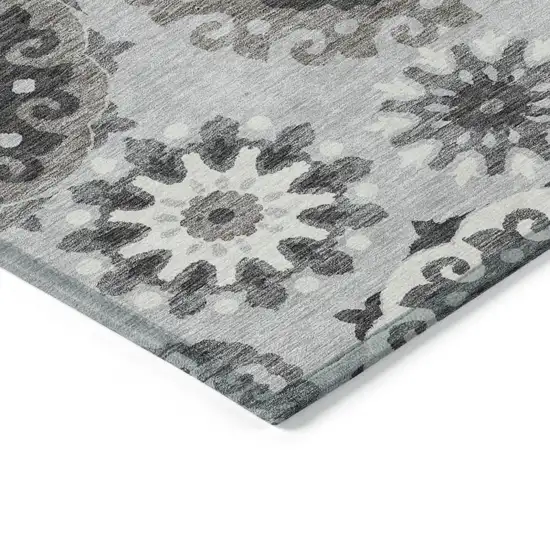 Silver Gray And Ivory Floral Medallion Washable Indoor Outdoor Area Rug Photo 3