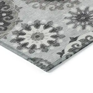 Photo of Silver Gray And Ivory Floral Medallion Washable Indoor Outdoor Area Rug