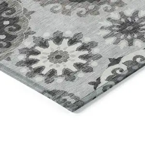 Photo of Silver Gray And Ivory Floral Medallion Washable Indoor Outdoor Area Rug