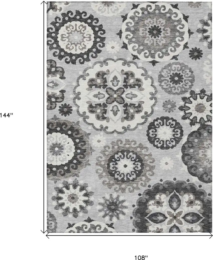 Silver Gray And Ivory Floral Medallion Washable Indoor Outdoor Area Rug Photo 3