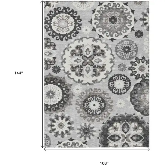 Silver Gray And Ivory Floral Medallion Washable Indoor Outdoor Area Rug Photo 3