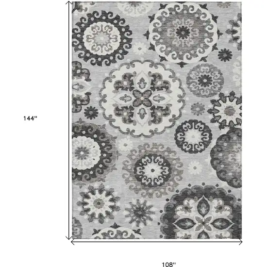 Silver Gray And Ivory Floral Medallion Washable Indoor Outdoor Area Rug Photo 3