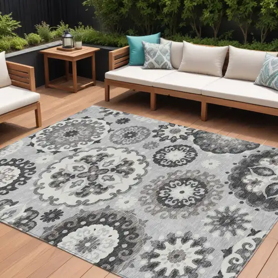 Silver Gray And Ivory Floral Medallion Washable Indoor Outdoor Area Rug Photo 1