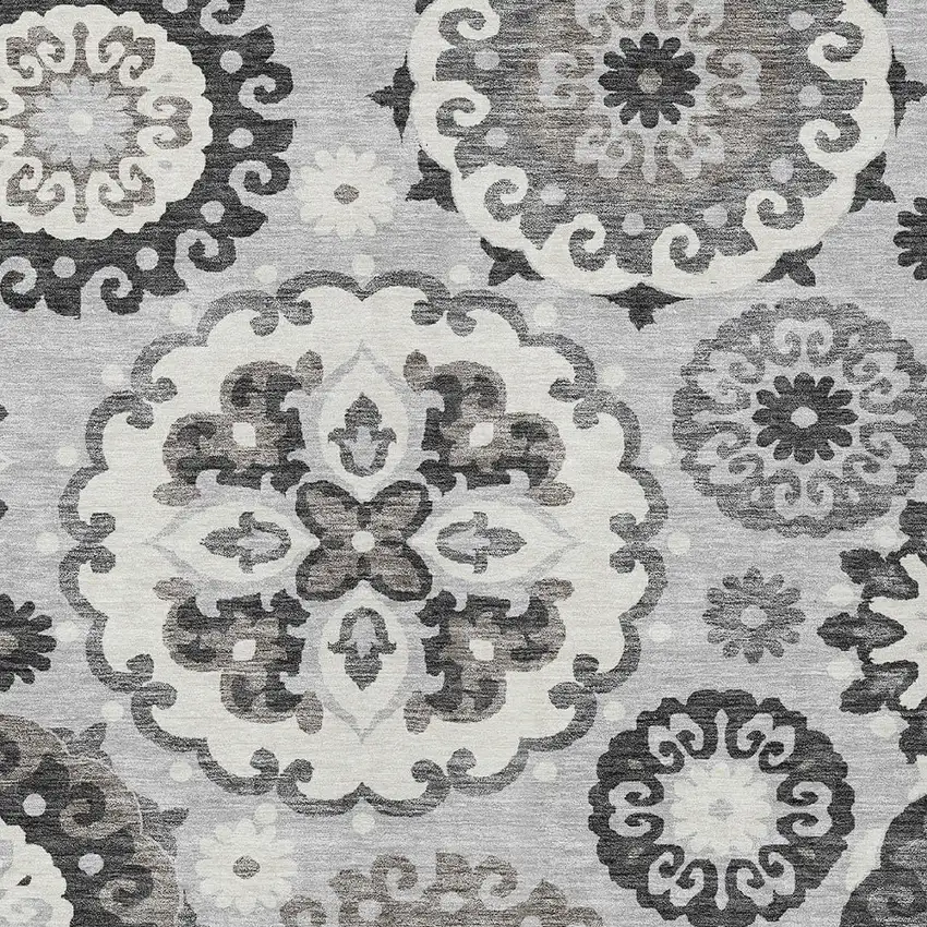 Silver Gray And Ivory Floral Medallion Washable Indoor Outdoor Area Rug Photo 4