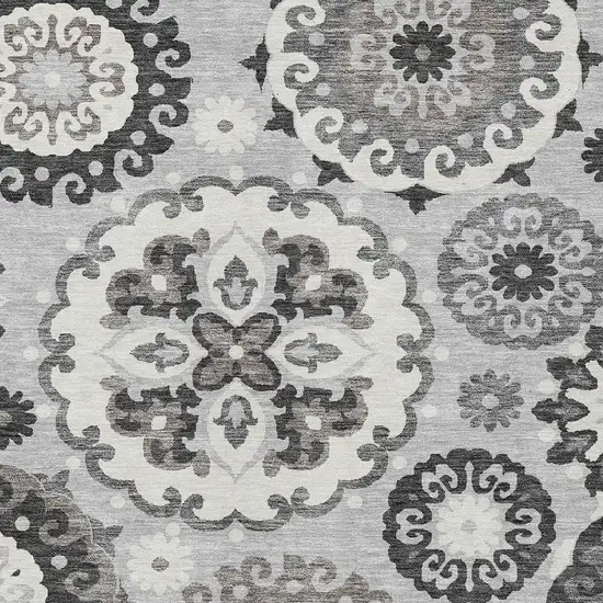 Silver Gray And Ivory Floral Medallion Washable Indoor Outdoor Area Rug Photo 4