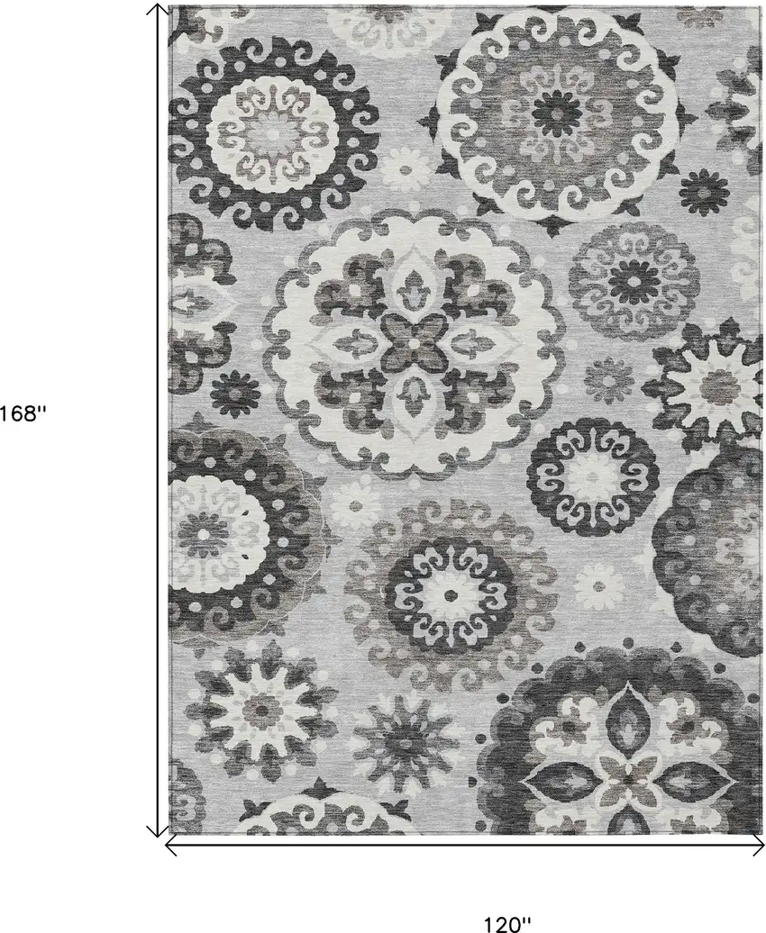Silver Gray And Ivory Floral Medallion Washable Indoor Outdoor Area Rug Photo 3