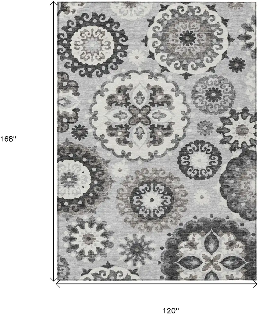 Silver Gray And Ivory Floral Medallion Washable Indoor Outdoor Area Rug Photo 3