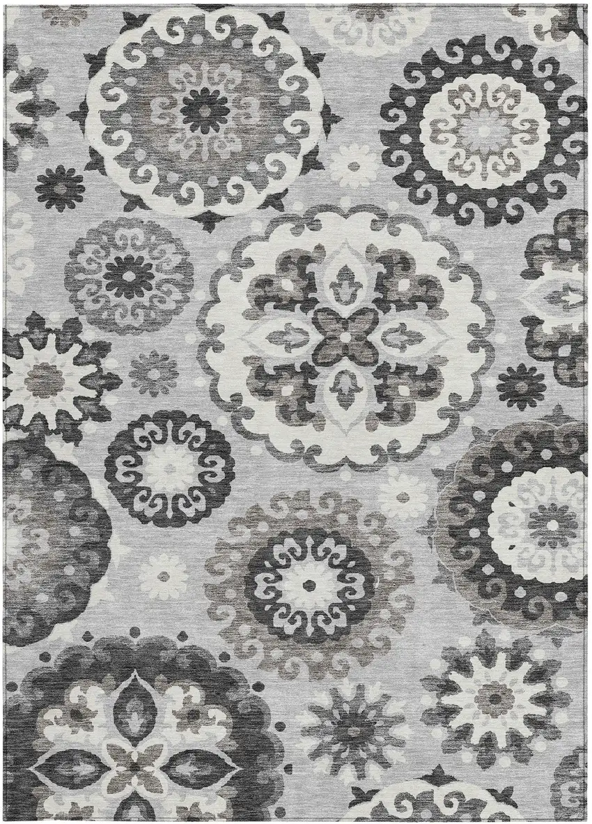 Silver Gray And Ivory Floral Medallion Washable Indoor Outdoor Area Rug Photo 5