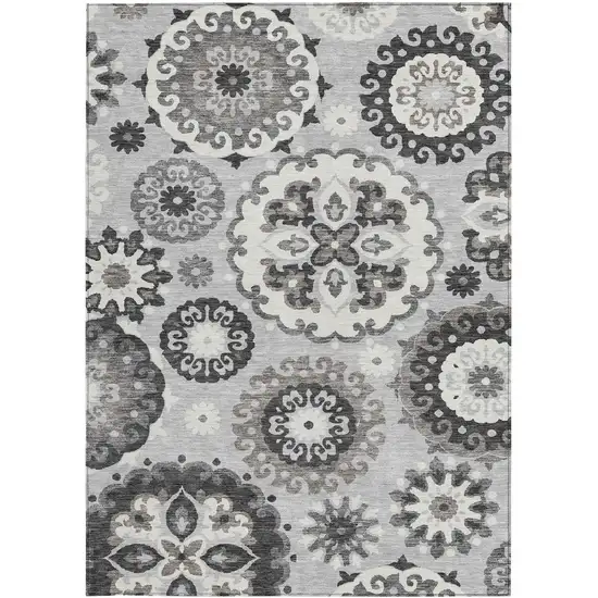 Silver Gray And Ivory Floral Medallion Washable Indoor Outdoor Area Rug Photo 5