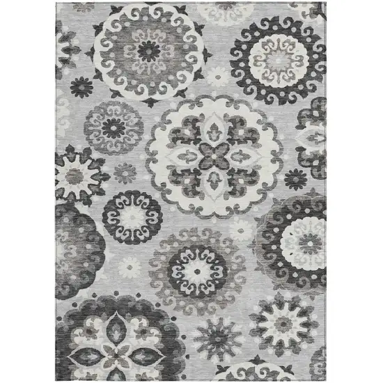 Silver Gray And Ivory Floral Medallion Washable Indoor Outdoor Area Rug Photo 5