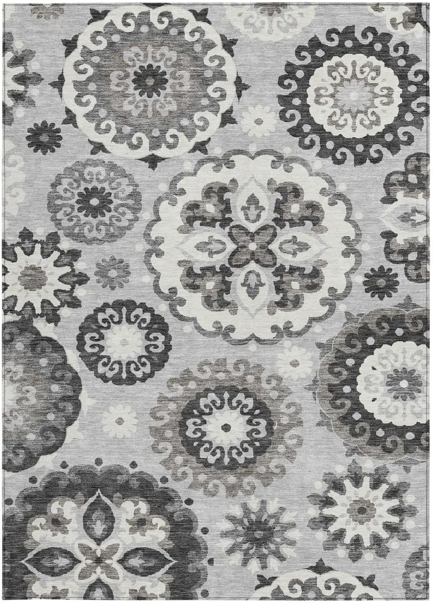 Silver Gray And Ivory Floral Medallion Washable Indoor Outdoor Area Rug Photo 5