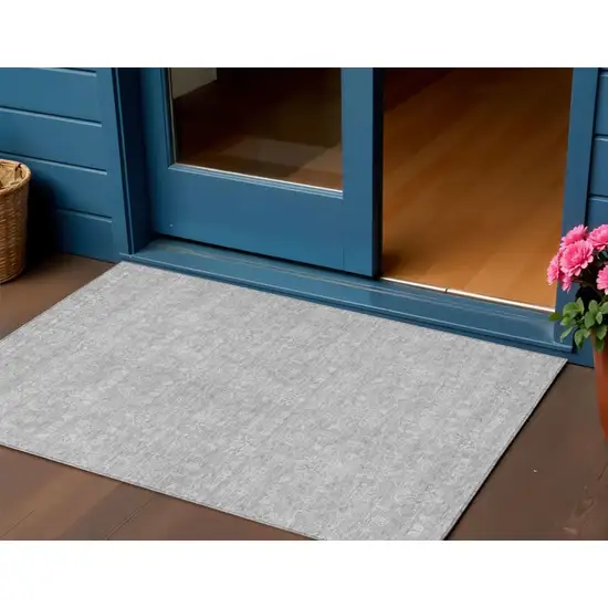 Silver Gray And Ivory Floral Washable Indoor Outdoor Area Rug Photo 1