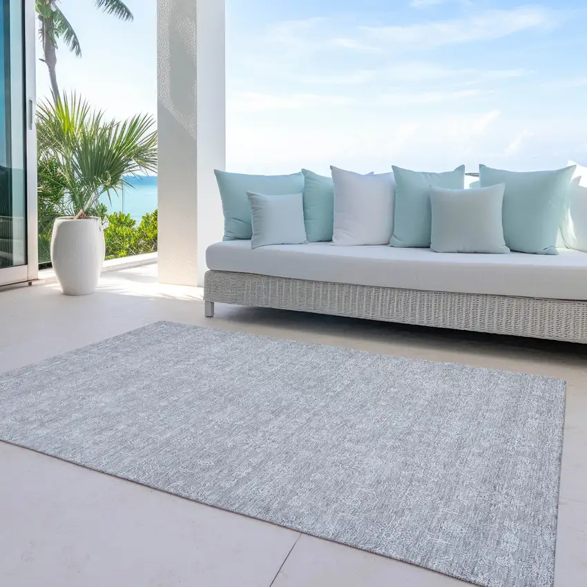 Silver Gray And Ivory Floral Washable Indoor Outdoor Area Rug Photo 9
