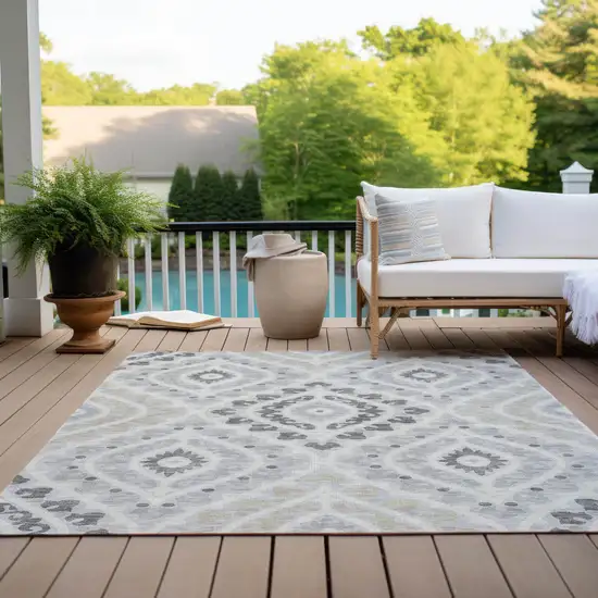Silver Gray And Ivory Floral Washable Indoor Outdoor Area Rug Photo 9