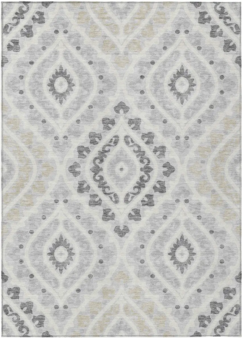 Silver Gray And Ivory Floral Washable Indoor Outdoor Area Rug Photo 1