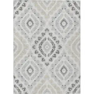 Photo of Silver Gray And Ivory Floral Washable Indoor Outdoor Area Rug