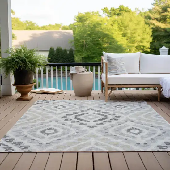 Silver Gray And Ivory Floral Washable Indoor Outdoor Area Rug Photo 9