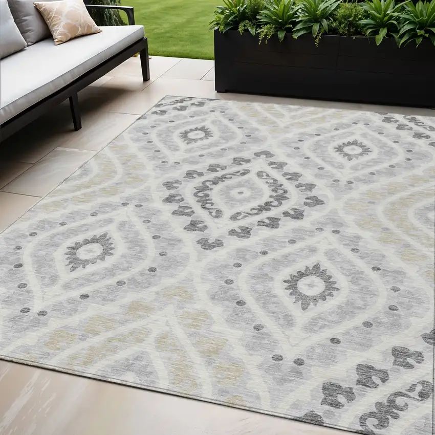 Silver Gray And Ivory Floral Washable Indoor Outdoor Area Rug Photo 1