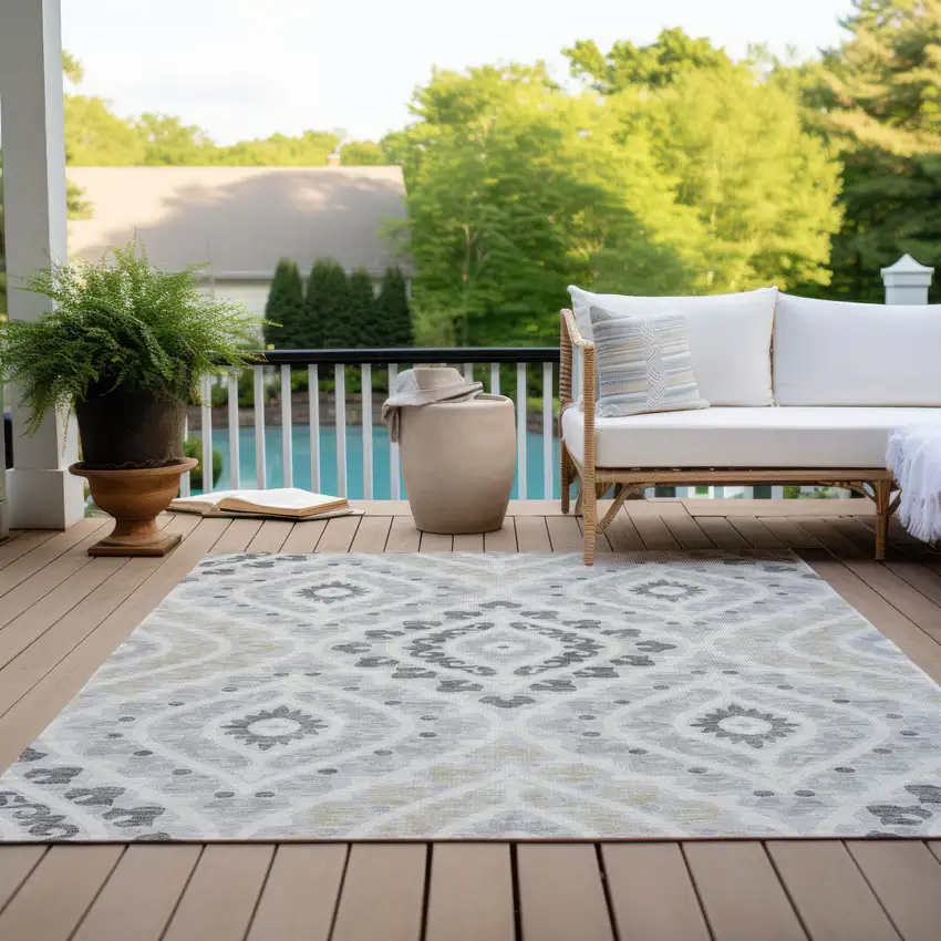 Silver Gray And Ivory Floral Washable Indoor Outdoor Area Rug Photo 9