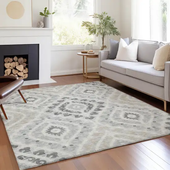 Silver Gray And Ivory Floral Washable Indoor Outdoor Area Rug Photo 7