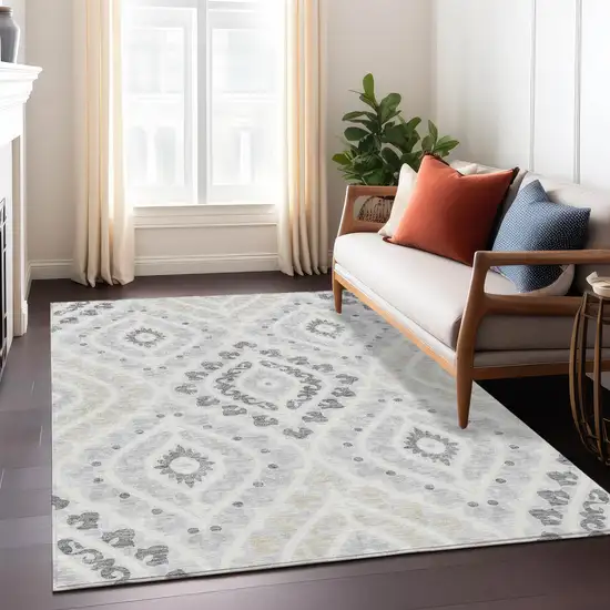Silver Gray And Ivory Floral Washable Indoor Outdoor Area Rug Photo 8