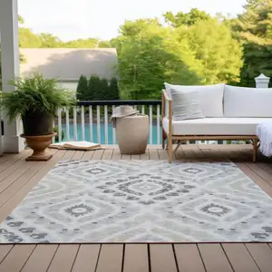 Photo of Silver Gray And Ivory Floral Washable Indoor Outdoor Area Rug
