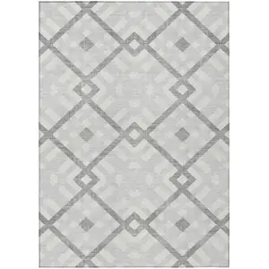Photo of Silver Gray And Ivory Geometric Washable Indoor Outdoor Area Rug