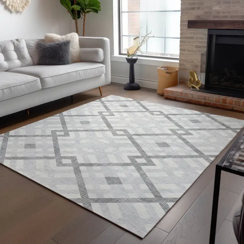 Silver Gray And Ivory Geometric Washable Indoor Outdoor Area Rug Photo 8