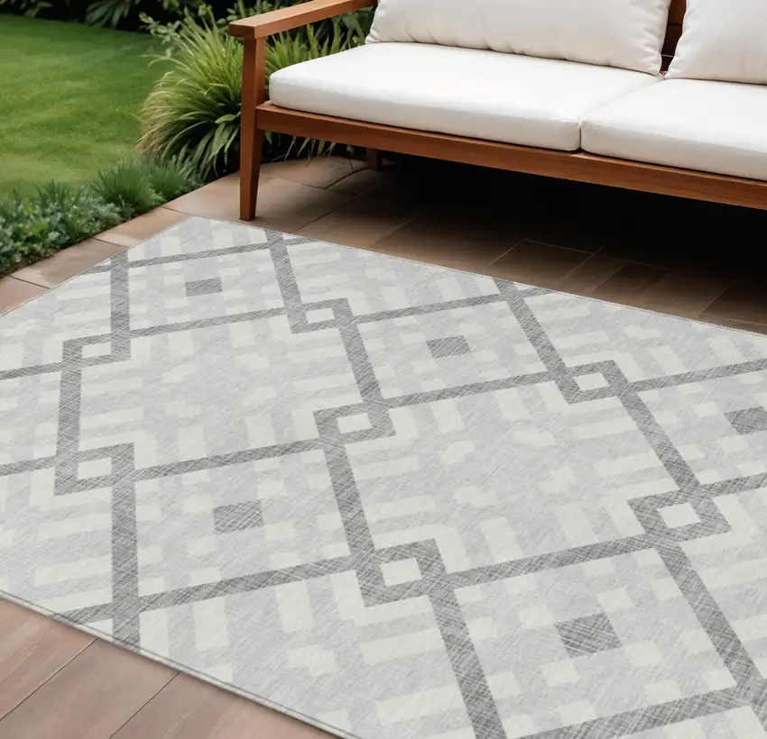 Silver Gray And Ivory Geometric Washable Indoor Outdoor Area Rug Photo 1