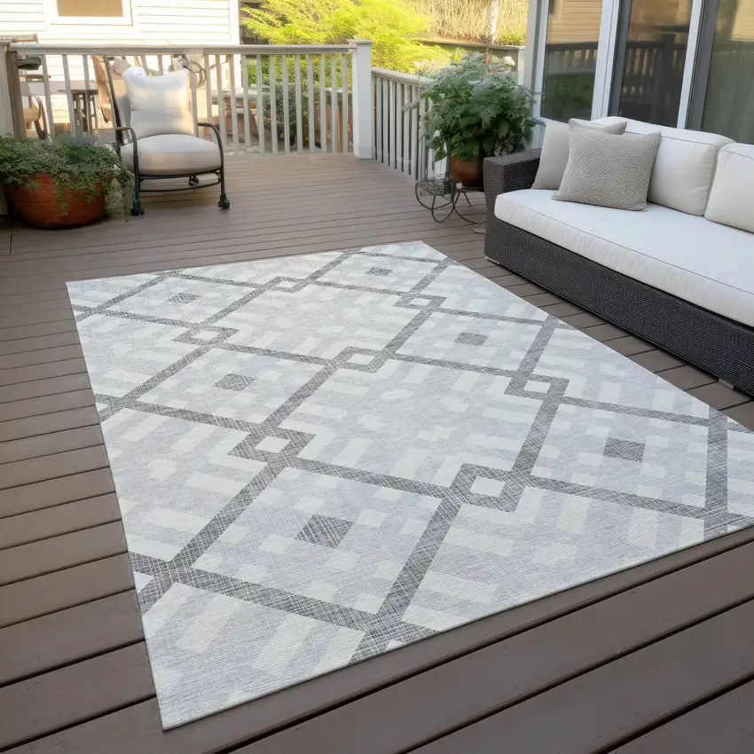 Silver Gray And Ivory Geometric Washable Indoor Outdoor Area Rug Photo 9