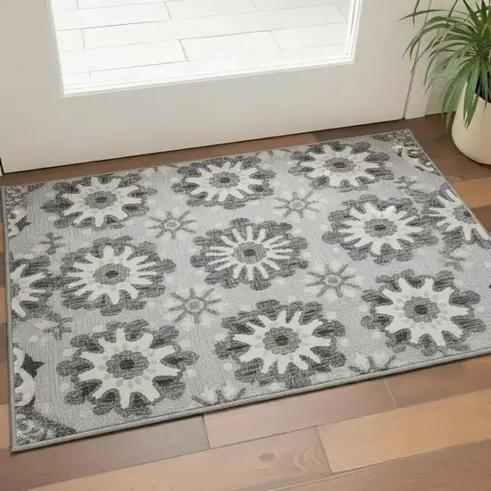 Silver Gray And Ivory Medallion Washable Area Rug With UV Protection Photo 2