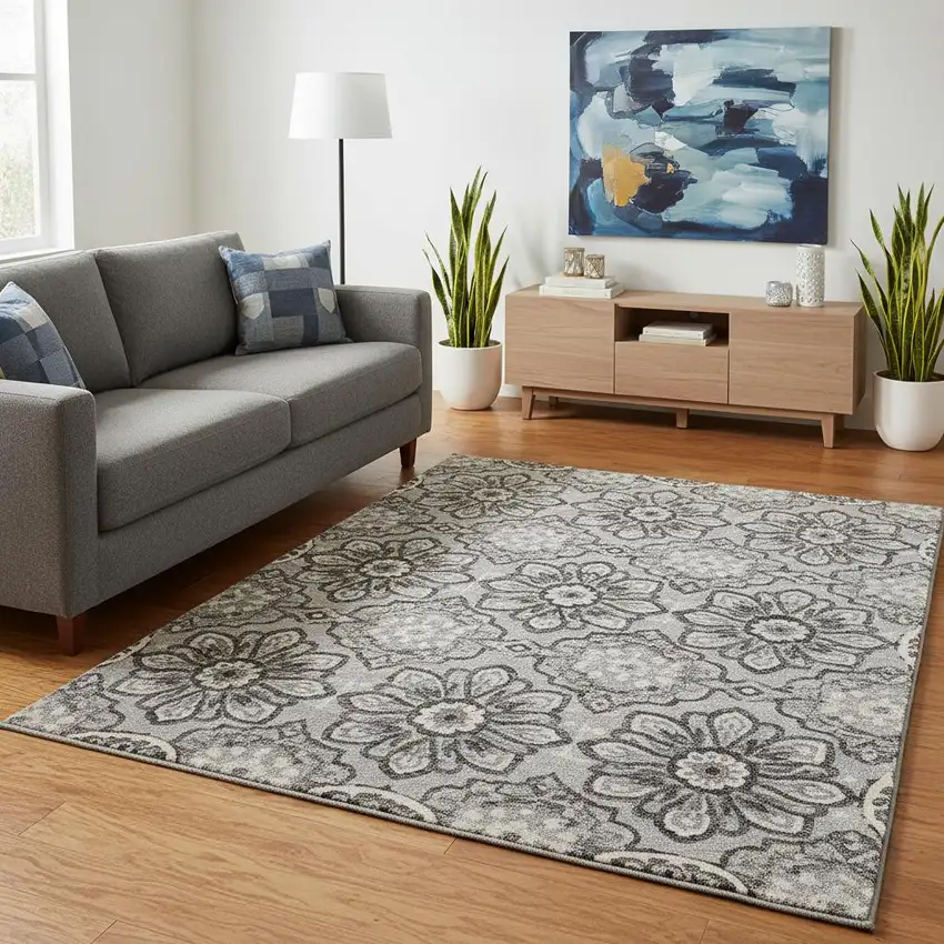 Silver Gray And Ivory Medallion Washable Area Rug With UV Protection Photo 2