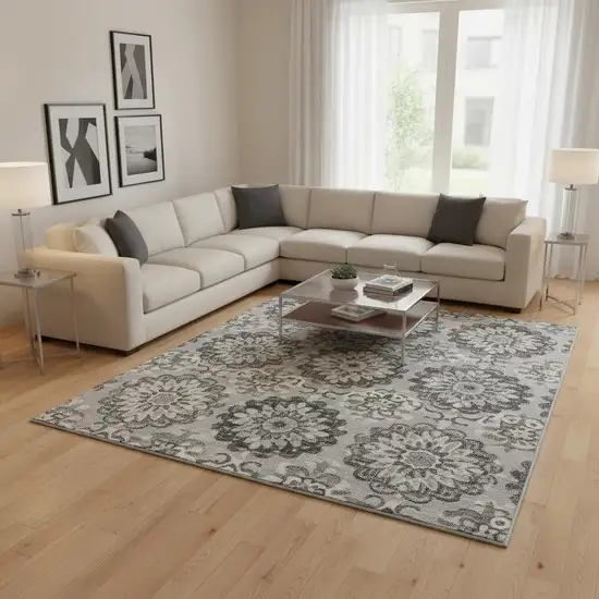 Silver Gray And Ivory Medallion Washable Area Rug With UV Protection Photo 2