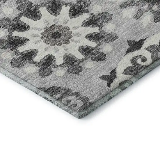 Silver Gray And Ivory Medallion Washable Area Rug With UV Protection Photo 1