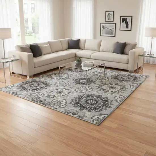 Silver Gray And Ivory Medallion Washable Area Rug With UV Protection Photo 2