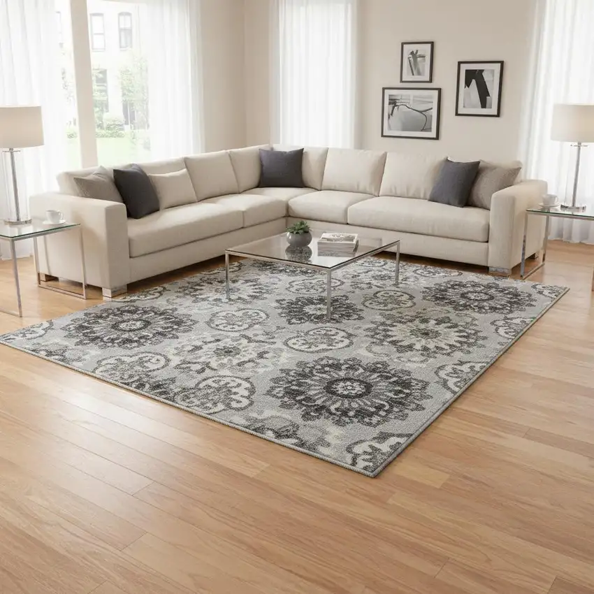 Silver Gray And Ivory Medallion Washable Area Rug With UV Protection Photo 2