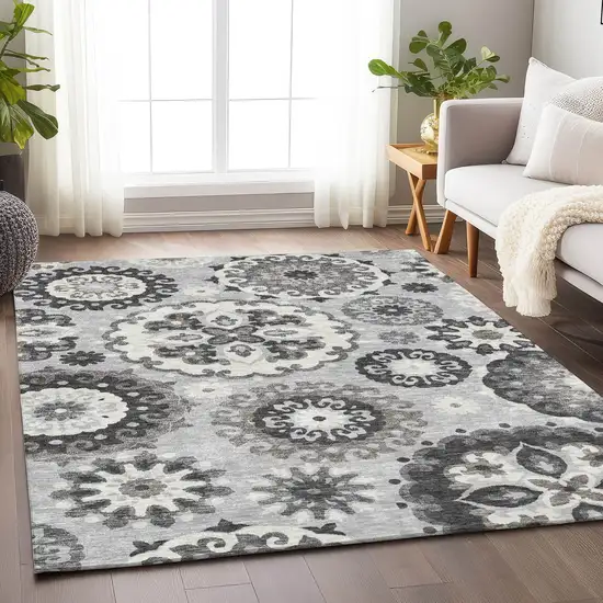 Silver Gray And Ivory Medallion Washable Area Rug With UV Protection Photo 4