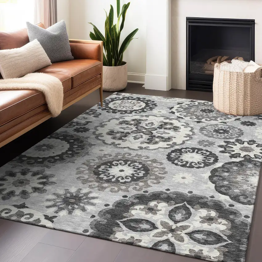 Silver Gray And Ivory Medallion Washable Area Rug With UV Protection Photo 5
