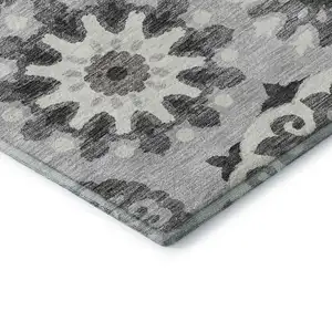 Photo of Silver Gray And Ivory Medallion Washable Area Rug With UV Protection